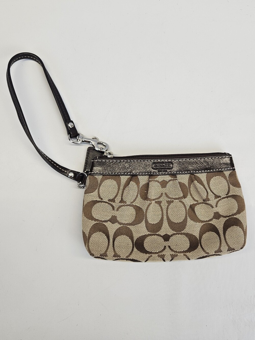 Vintage Coach Wristlet Jacquard Wallet Khaki Mahogany Pleated Iconic Logo 00s